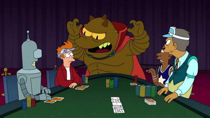 Bender and Fry from Futurama playing poker with the Devil