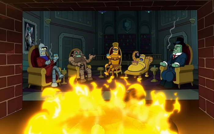 Bender and robots from Futurama in a room