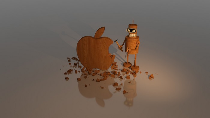 Bender from Futurama destroying an Apple logo