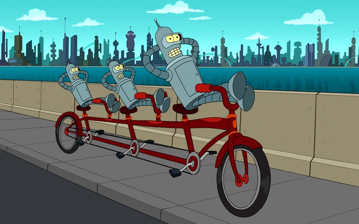 Bender from Futurama on a tandem bicycle