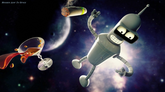 Bender from Futurama in Space with a Drink and Cigar