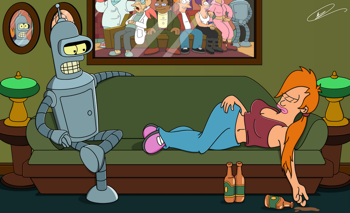 Bender and Leela from Futurama on a couch