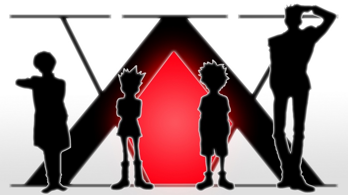 Four figures in silhouette against a stylized Hunter x Hunter logo
