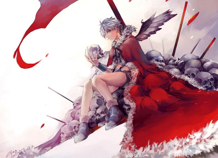 Killua Zoldyck sitting on skulls