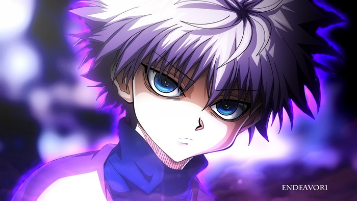 Intense Portrait of Killua Zoldyck with Glowing Aura