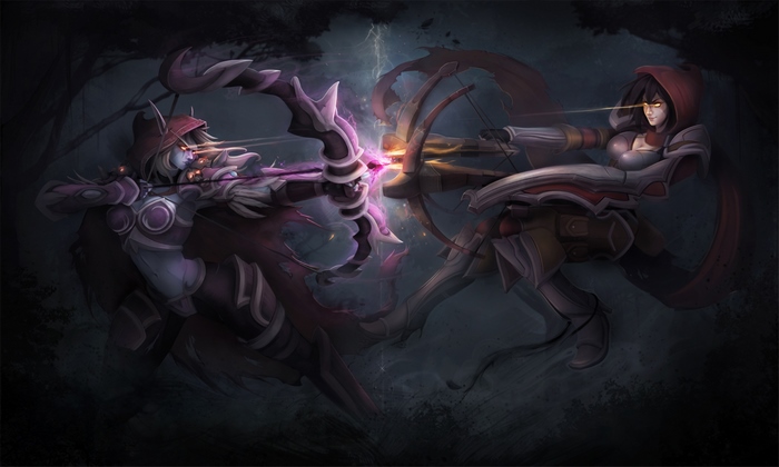 Two female archers in a dark forest