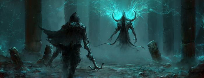 Demon Hunter from Diablo III in ancient ruins