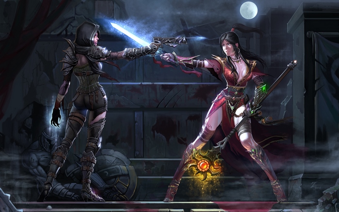 Two female warriors fighting with glowing swords and a gun