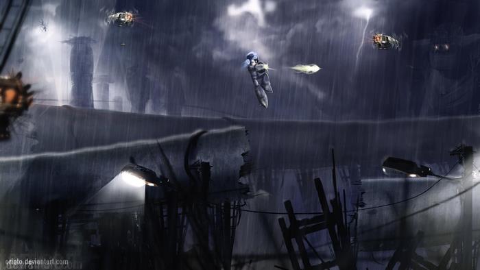 Mega Man in a rainy, futuristic city