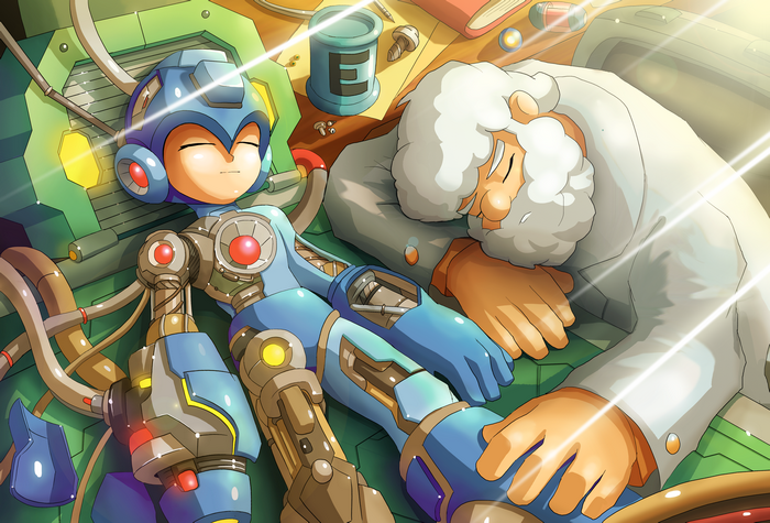 Mega Man and Dr. Light sleeping in a lab
