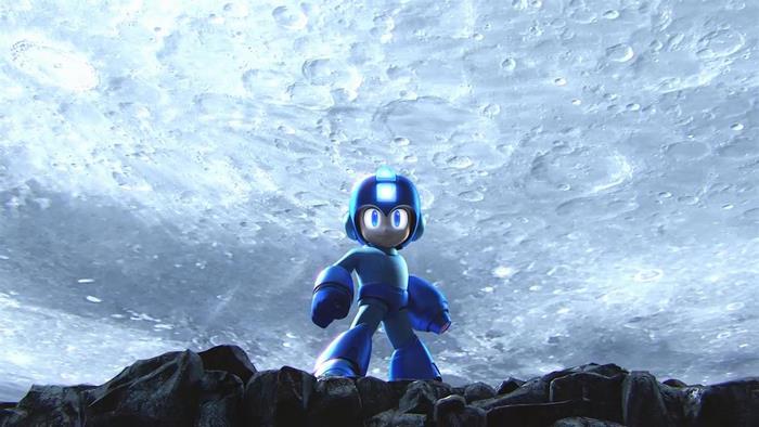 Mega Man on a rocky surface with a moon background