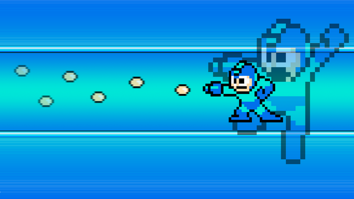 Mega Man firing projectiles in a blue environment