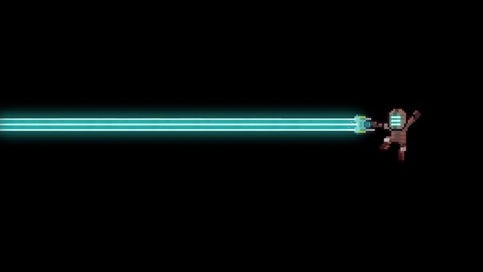 Pixelated character firing a laser