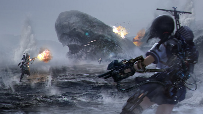 Yuudachi from Kancolle fighting a giant whale