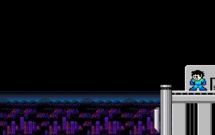 Mega Man standing on a platform overlooking a city
