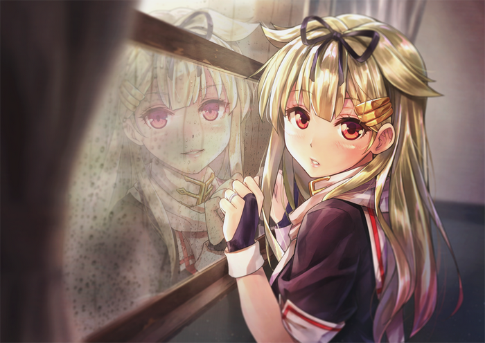 Yuudachi from Kancolle looking out a rainy window