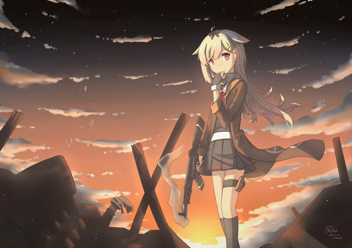 Yuudachi from Kancolle holding a rifle