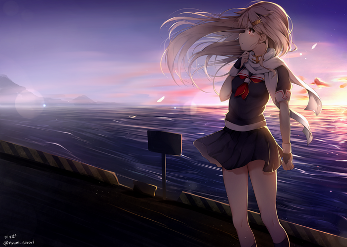 Yuudachi from Kancolle by the sea at sunset