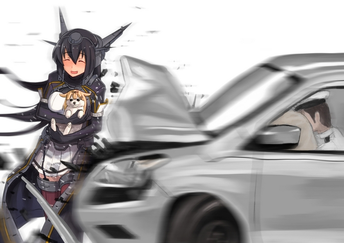 Yuudachi from Kancolle holding a dog near a crashed car