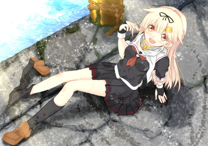 Yuudachi from Kancolle sitting by the water