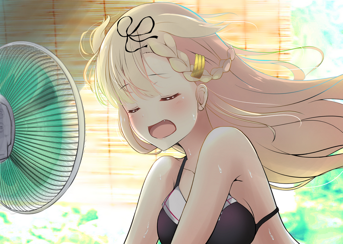 Yuudachi from Kancolle in front of a fan