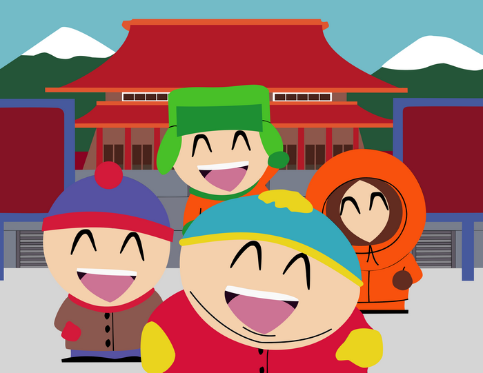 South Park characters in front of a Japanese-style building