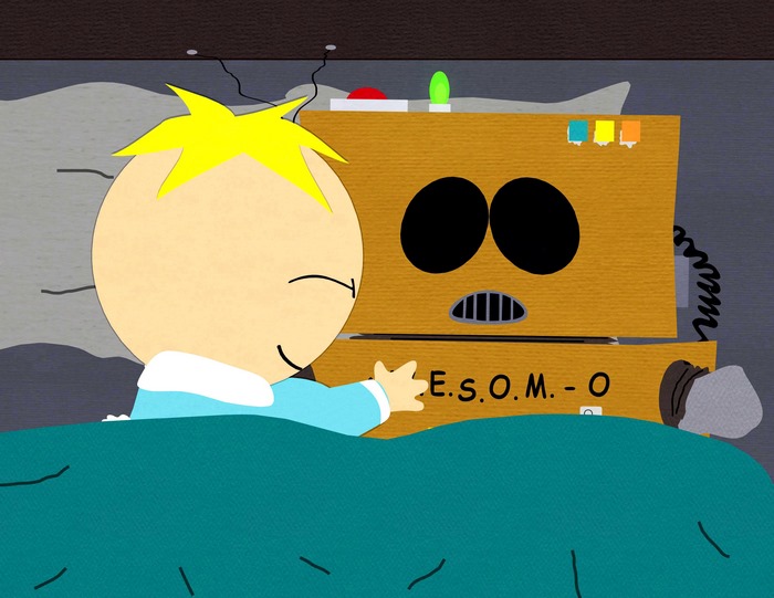 Butters hugging a robot in bed