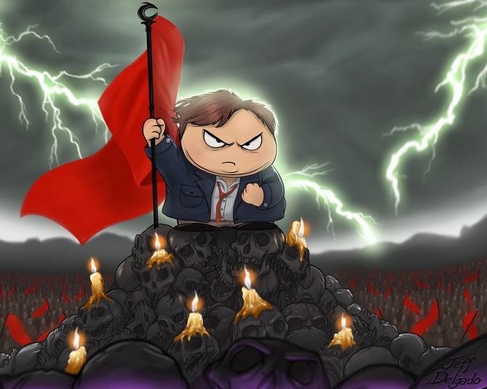 Eric Cartman standing on skulls with red flag