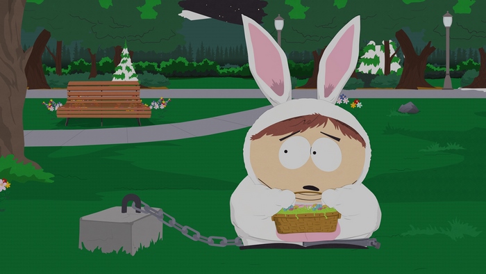 Eric Cartman in a bunny suit with a basket of eggs