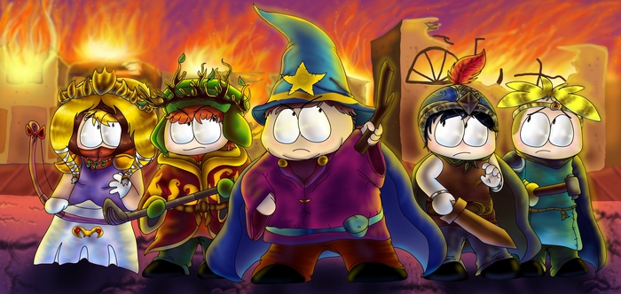 South Park characters in fantasy armor with burning city background