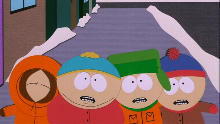 South Park characters in a snowy street