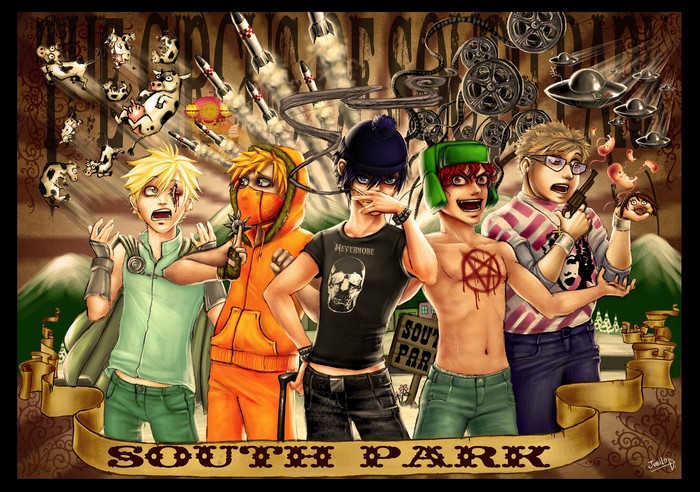 South Park characters with cows, rockets, and UFOs