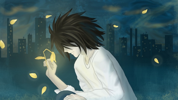 L from Death Note holding a flower