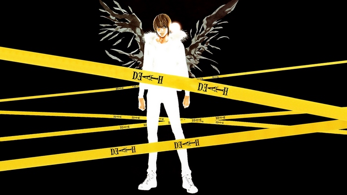 Light Yagami from Death Note with wings and caution tape