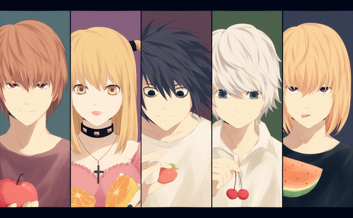 Characters from Death Note holding fruit