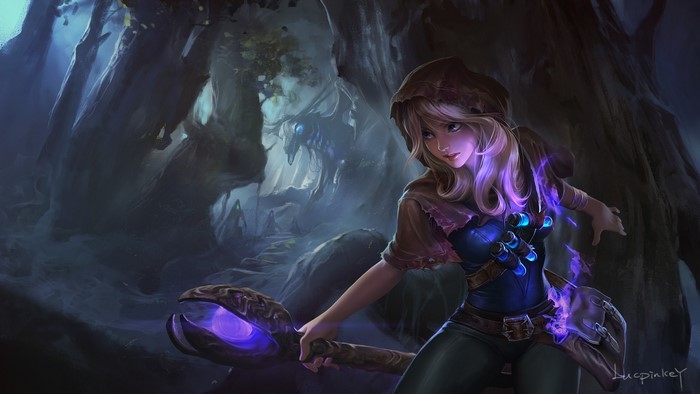 Lux from League of Legends in a dark forest