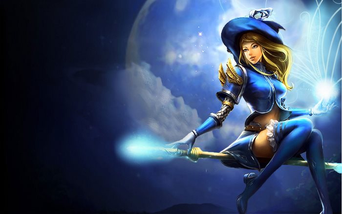 Lux from League of Legends on a broomstick