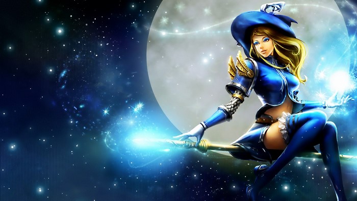 Lux from League of Legends on a broomstick