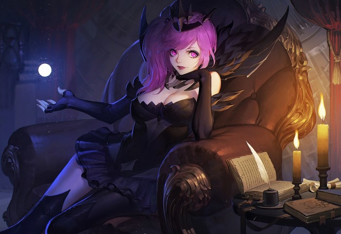 Lux from League of Legends in a dark throne room