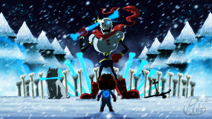 Papyrus and Frisk from Undertale in a snowy battle
