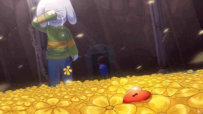 Asriel and Frisk from Undertale in a field of flowers