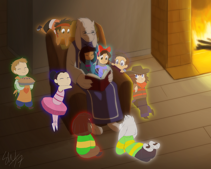 Toriel reading to children by fireplace