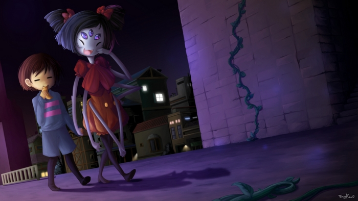 Frisk and Muffet from Undertale on a rooftop