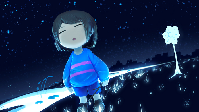 Frisk from Undertale in a starry field