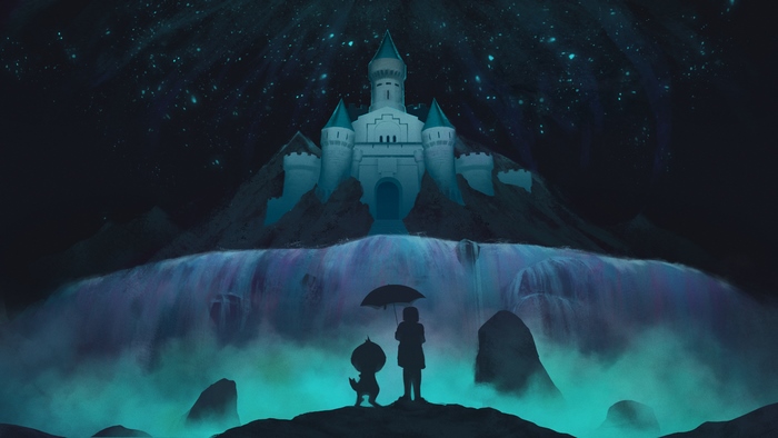 Frisk and monster from Undertale in front of a castle
