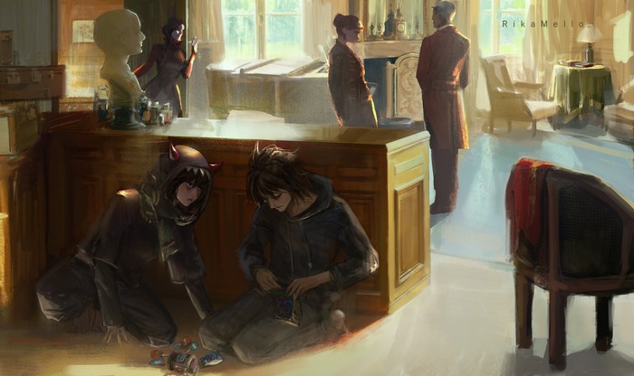 L from Death Note in a room with other characters