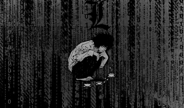 L from Death Note with binary code background