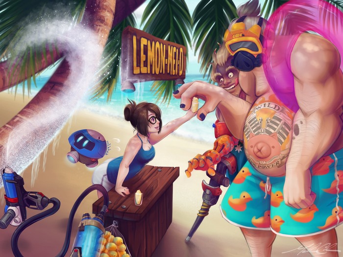 Mei and Roadhog from Overwatch at a Lemonade Stand