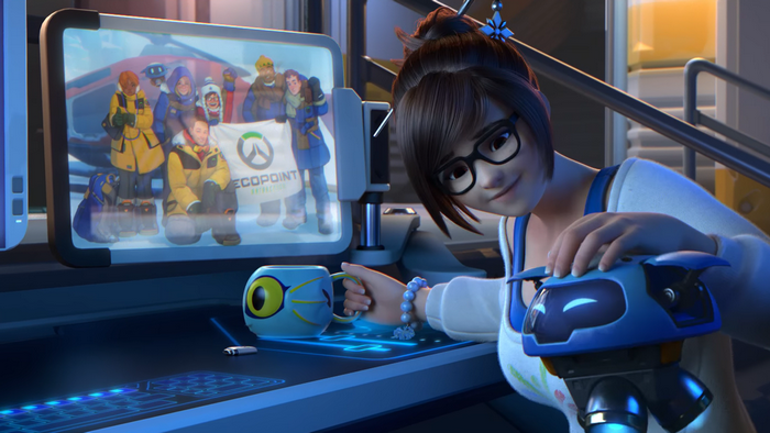 Mei from Overwatch holding a mug with a robot