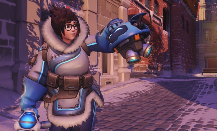 Mei from Overwatch in a snowy town